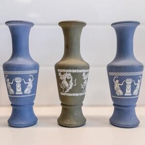 Set of 3 Vintage Roman Style Greek Motif Jasperware Wedgewood Style Vases, 5.75"